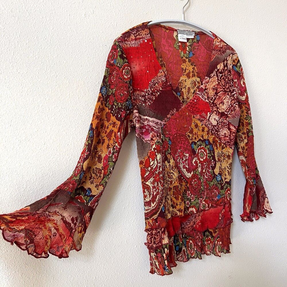 Alberto Makali Tiered Crinkle Top S Bell Sleeve Sequin Patchwork Whimsigoth Y2K